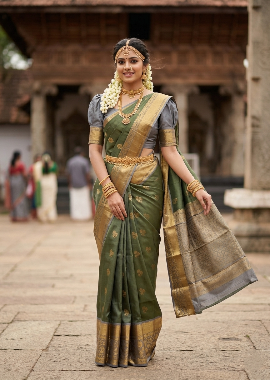 Southloom Premium Bridal Handloom Kanchipuram Silk Saree With Korvai Works (Green & Gray)