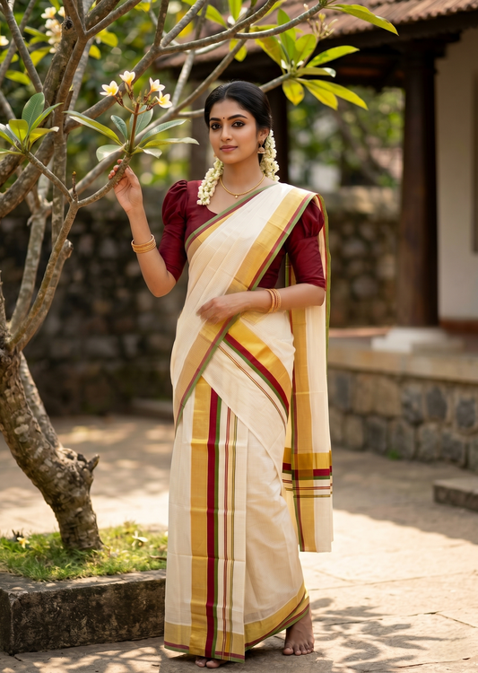 Southloom Pure Cotton Set Mundu with Gold Kasavu Micro Check Across Body in Maroon and Olive Green SL348