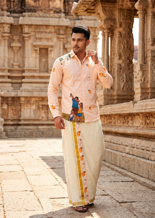 Southloom Premium Satin Mango Digital Print Design Men's Combo (Shirt + Mundu) SL576
