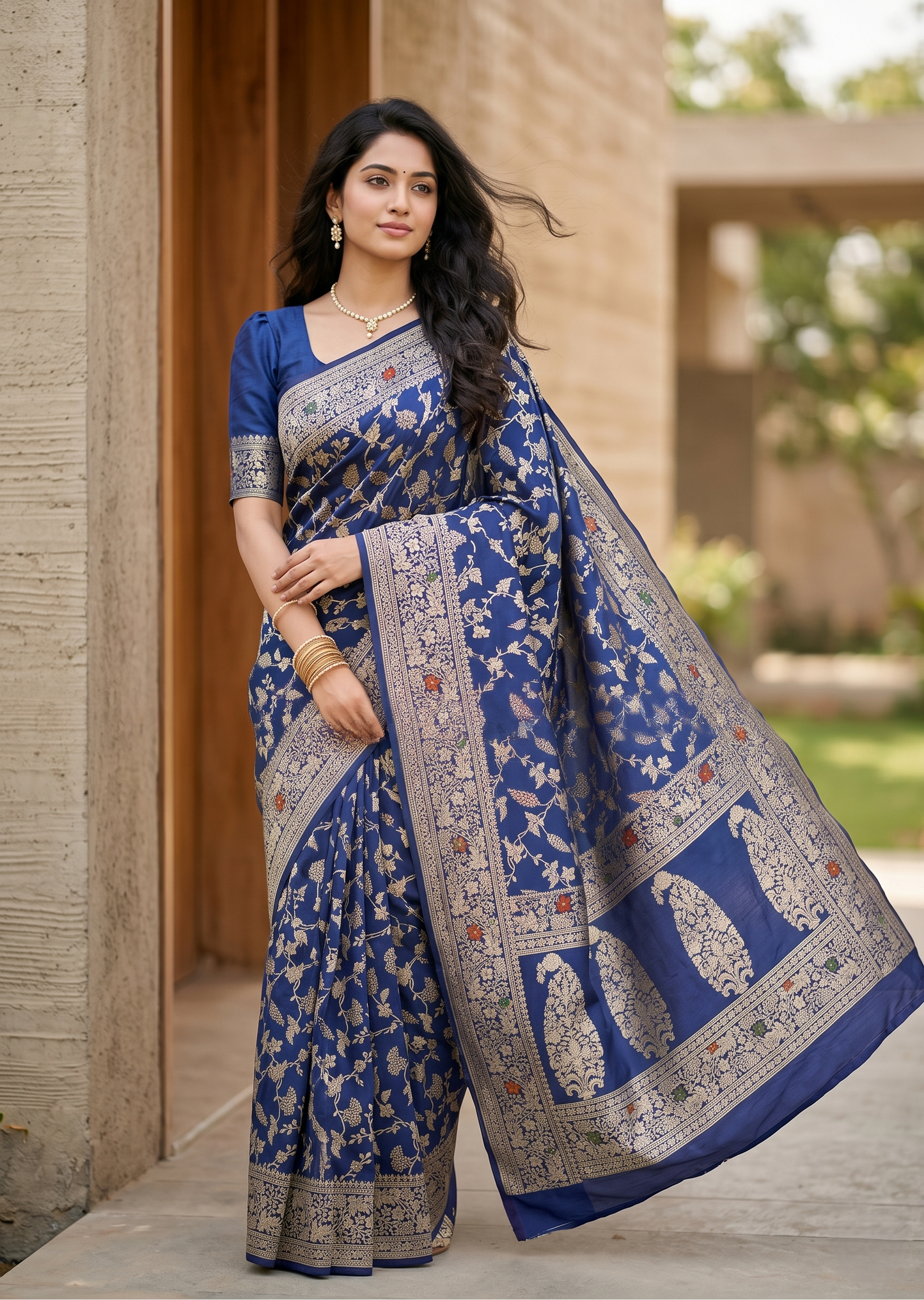 Southloom Pure Banarasi Silk Saree with Woven Work on Body and Borders (Blue)