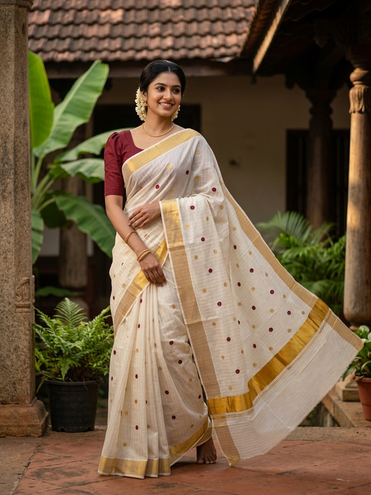 Southloom Kerala Pure Cotton Saree with Gold & Maroon Polka Embroidery Works on Body SL281