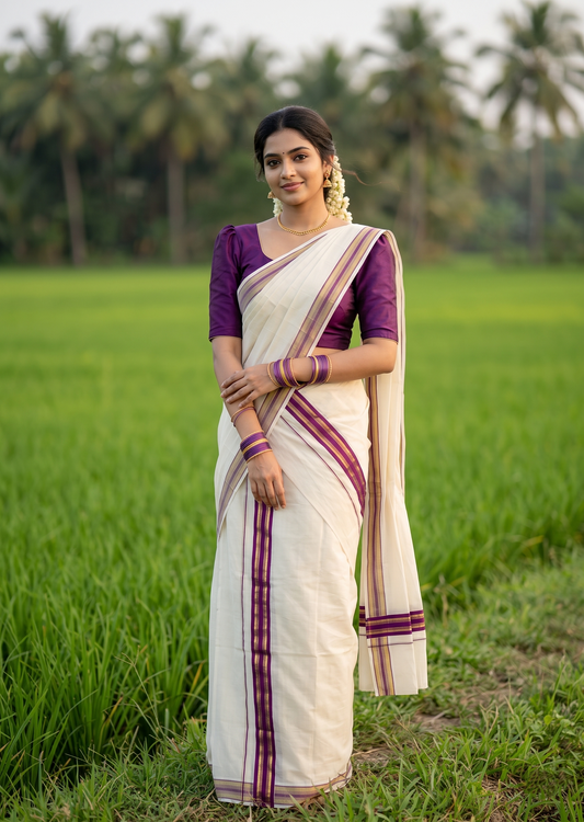 Southloom Kerala Cotton Single Set Mundu (Mundum Neriyathum) with Kasavu and Purple Border in 2.80 Mtrs SLKK SL470