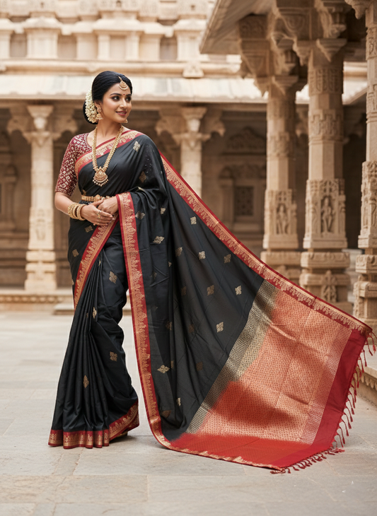 Southloom Banarasi Semi Silk Saree with Woven Work on Body (Black and Maroon)