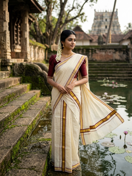 Kerala Cotton Set Mundu (Mundum Neriyathum) with Kasavu and Maroon Border 2.80 Mtrs SL244