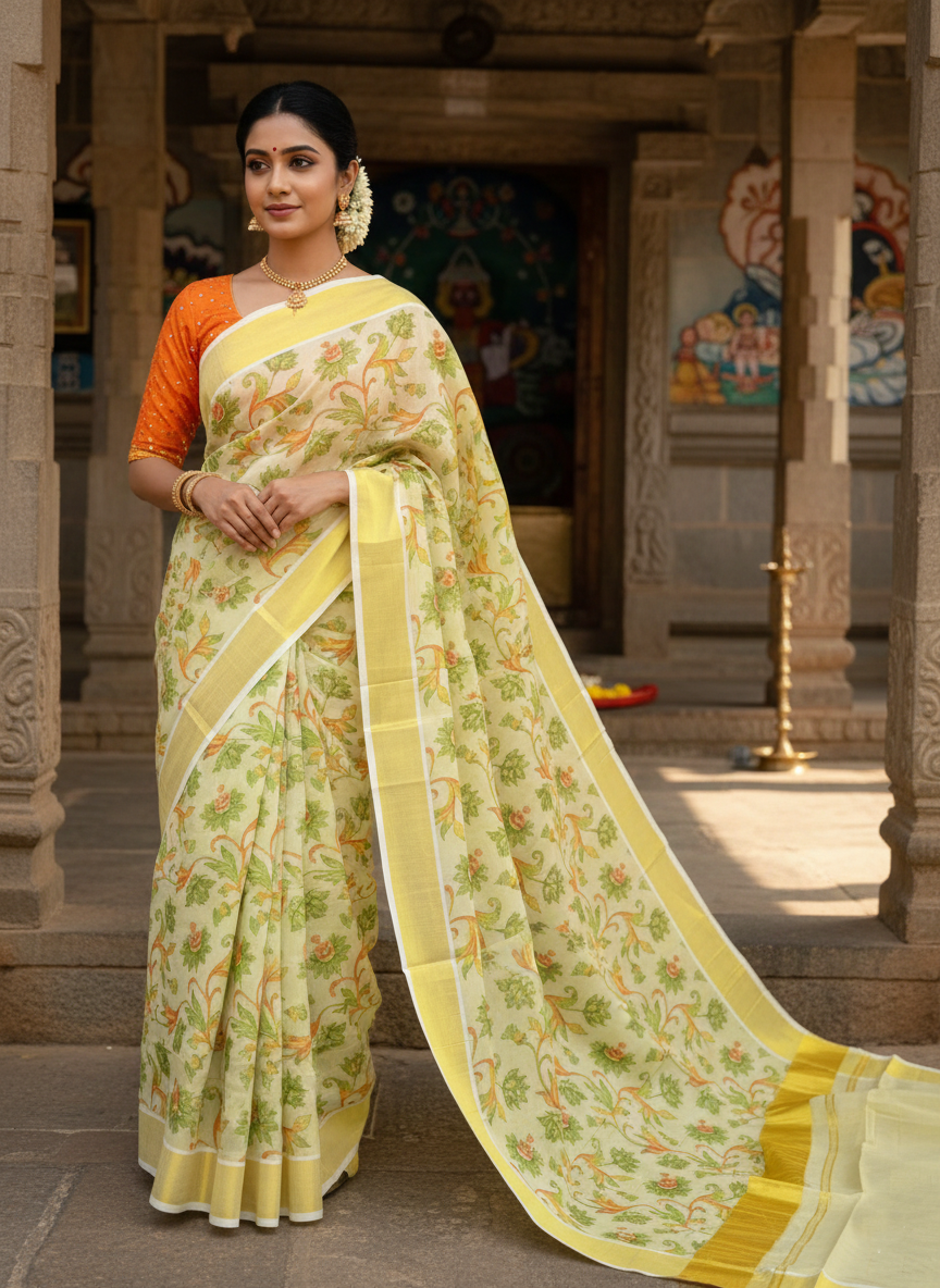 Kerala Tissue Kasavu Saree with Green Floral Kalamkari Design