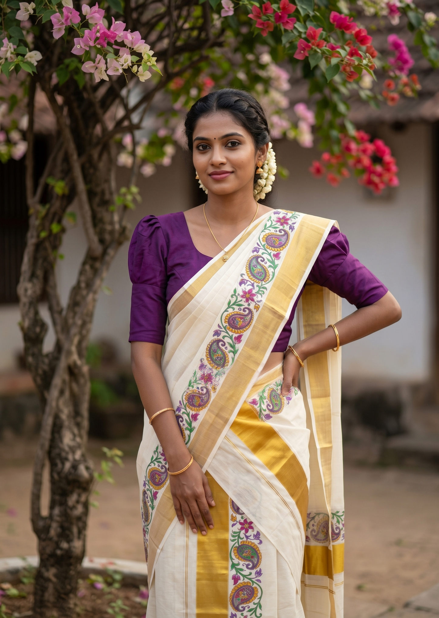 Southloom Pure Cotton Set Mundu with Gold Kasavu and Floral Digital Print in Violet 2.80 Mtrs SL383