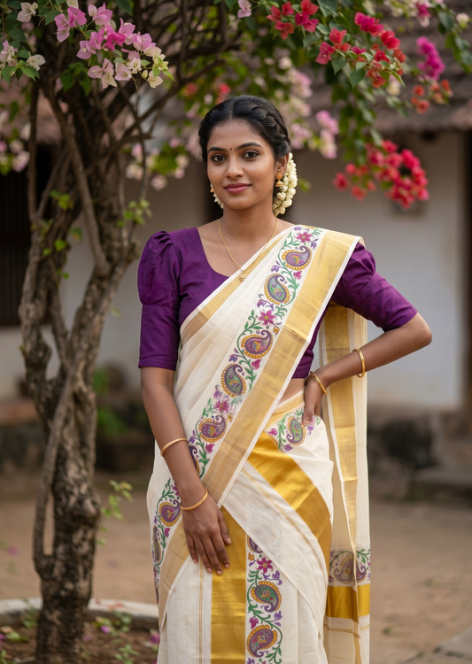 Southloom Pure Cotton Set Mundu with Gold Kasavu and Floral Digital Print in Violet 2.80 Mtrs SL383
