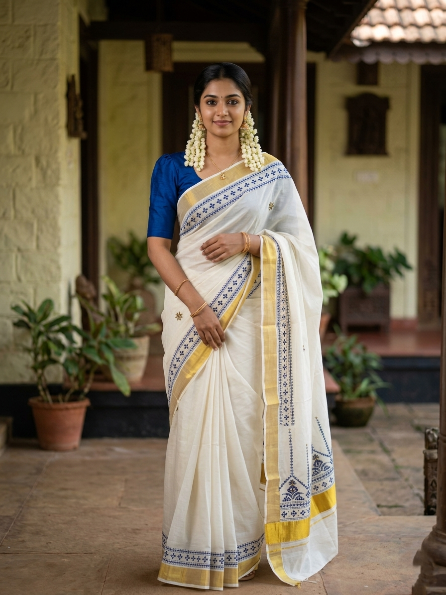 Southloom Pure Cotton Kerala Kasavu Saree with Blue Embroidery Designs