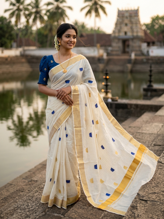 Southloom Kerala Cotton Kasavu Line Saree with Blue Lotus Embroidery Works