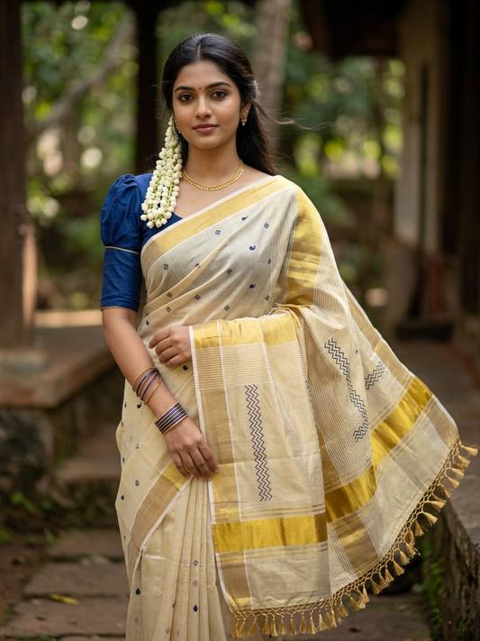Southloom Kerala Tissue Kasavu Saree Blue Hand Printed