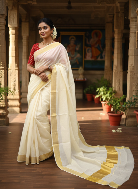 Southloom Pure Cotton Kerala Saree with 5 inch Gold Kasavu Border