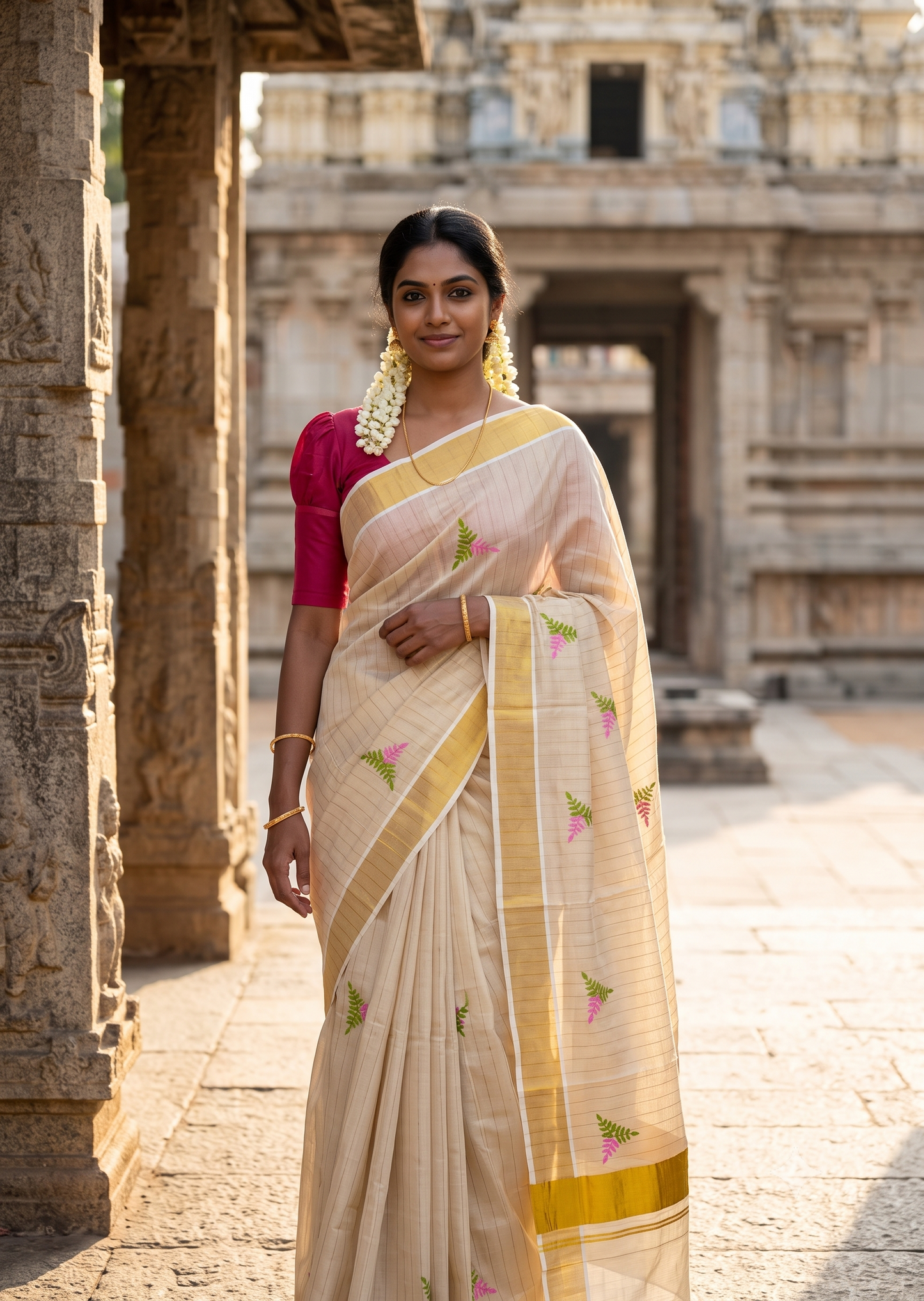 Southloom Kerala Tissue Pink And Green Floral Embroidery Design on the Body With Gold Kasavu
