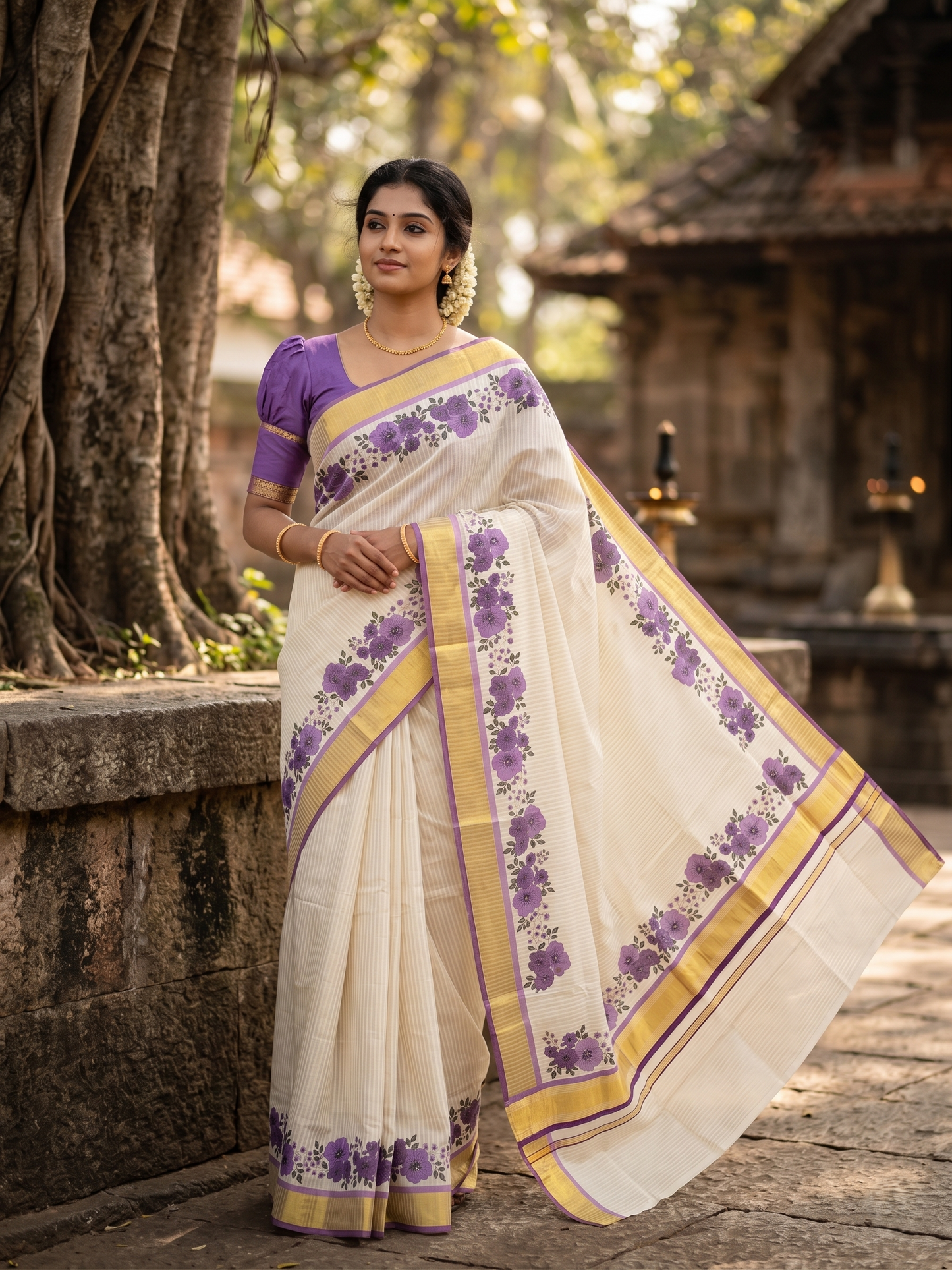 Southloom Kerala Cotton Kasavu Saree with Stripes And Floral Design on Body In Violet Border SL357