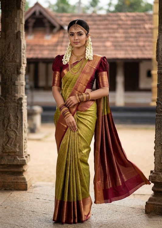 Southloom Premium Semi Silk Zari Work Bridal Brocade Saree in Olive Green with Matching Pallu