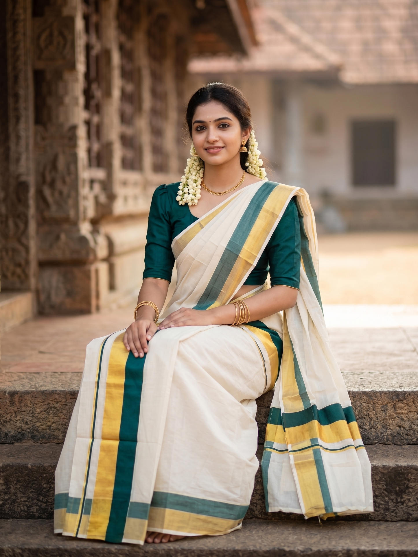 Kerala Cotton Set Mundu (Mundum Neriyathum) with Green and Kasavu Border 2.80 Mtrs SLKK SL504