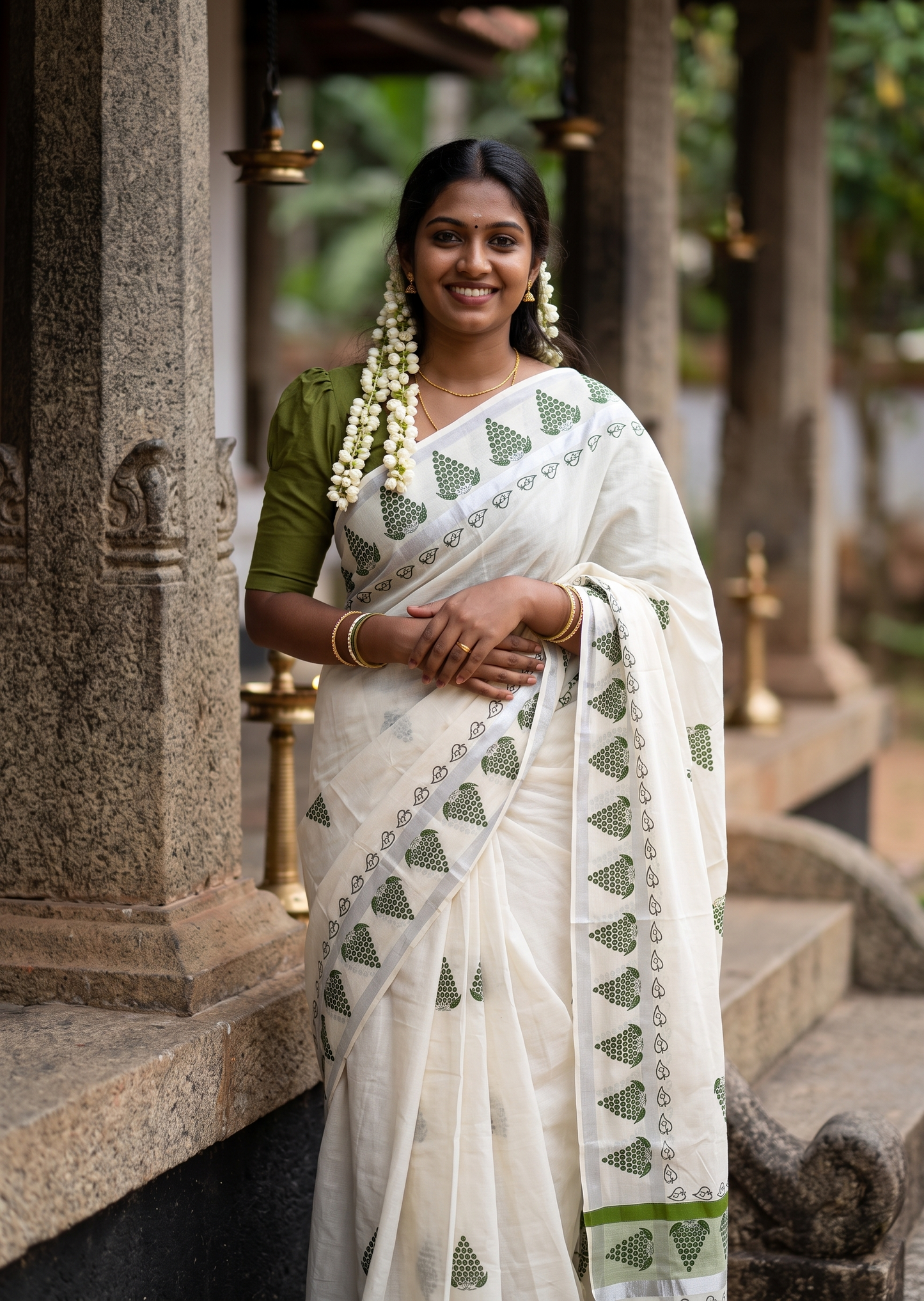 Southloom Cotton Kerala Kasavu Saree with Digital Print on Body in Olive Green SL519