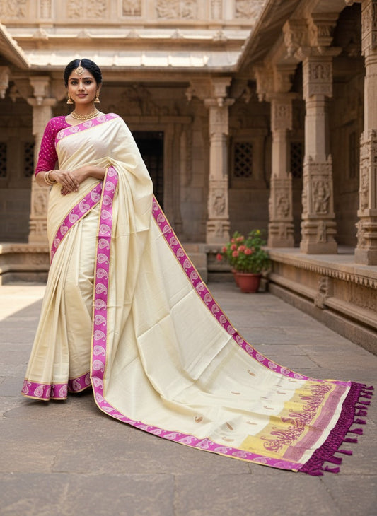 Southloom Kerala Tissue Kasavu Plain Saree with Magenta Floral Embroidery Works