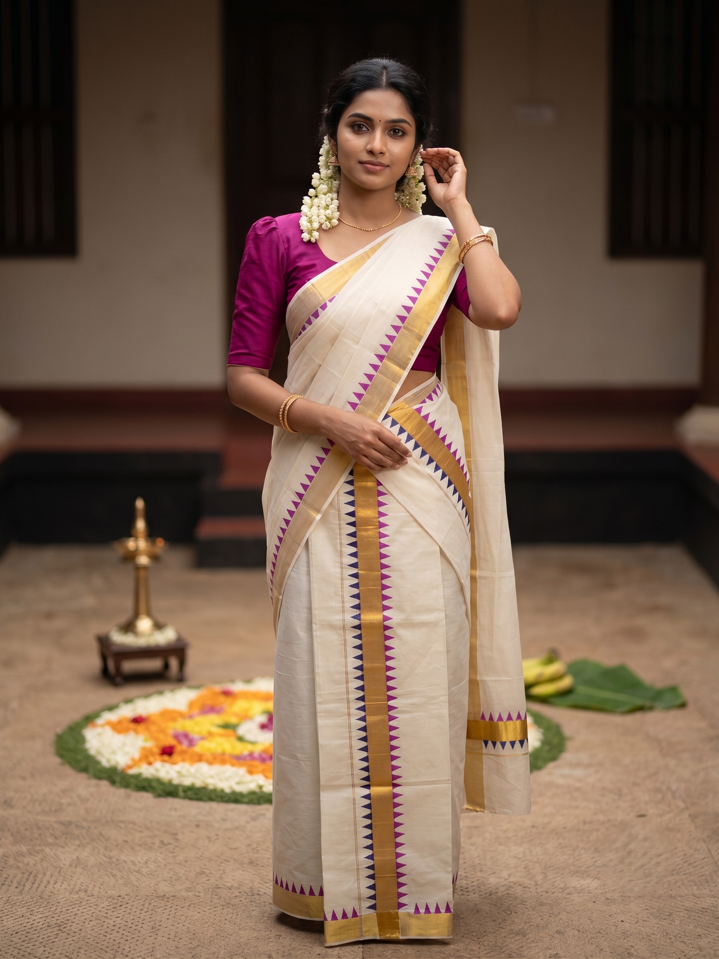 Southloom Kerala Cotton Kasavu Single Set Mundu (Mundum Neriyathum) with Magenta  And Blue Temple Design Border SLKK
