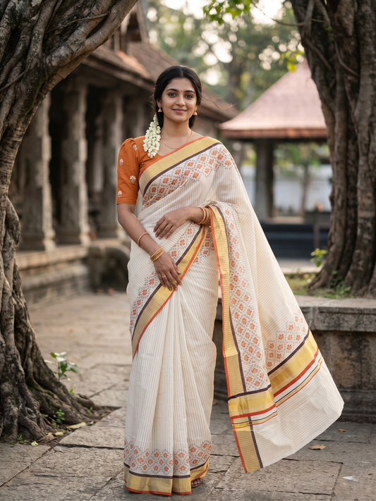 Southloom Kerala Cotton Kasavu Saree with Stripes And Floral Design on Body In Orange Border SL357