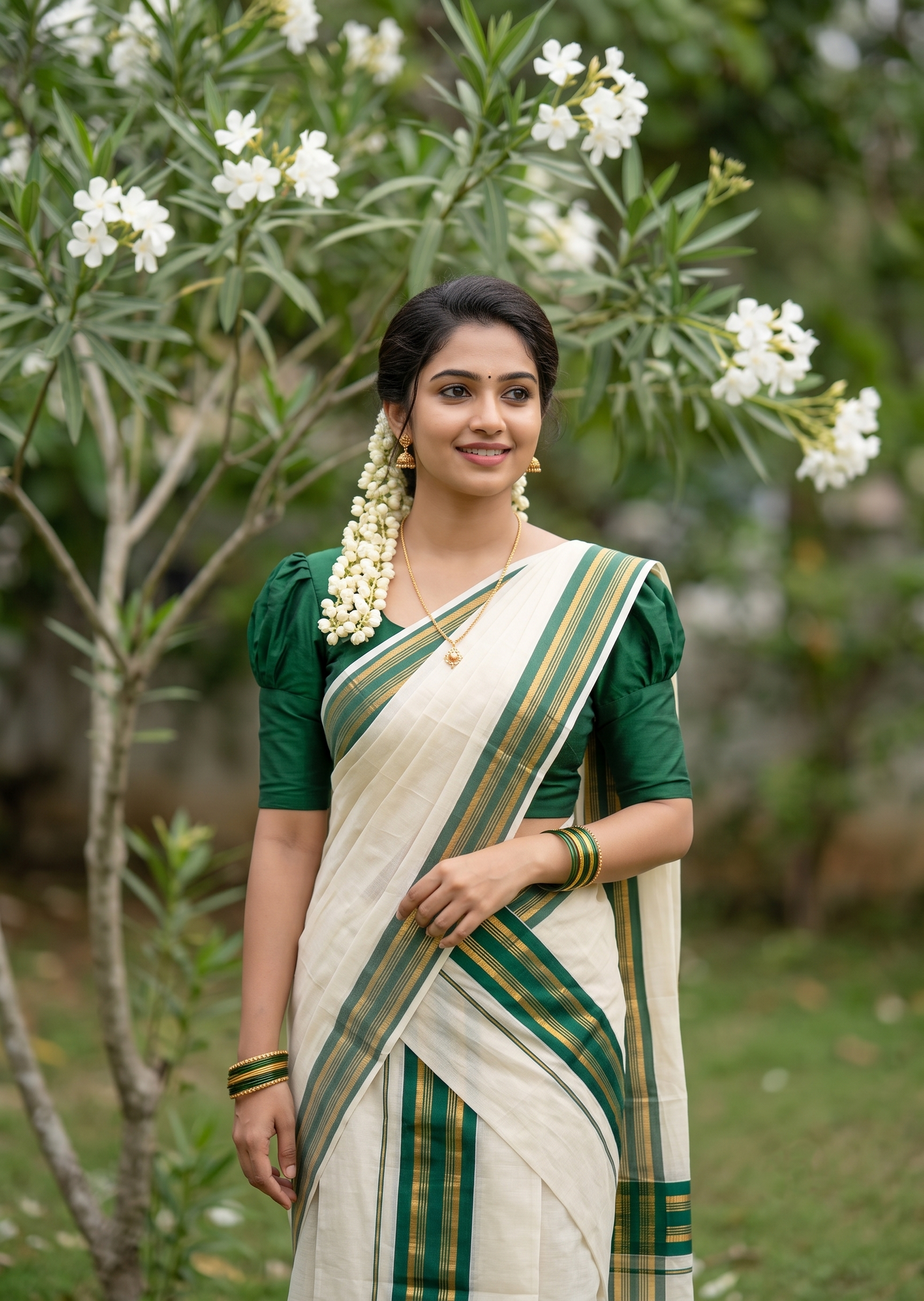 Kerala Cotton Set Mundu (Mundum Neriyathum) with Kasavu and Light Green Border in 2.80 Mtrs SLKK SL470