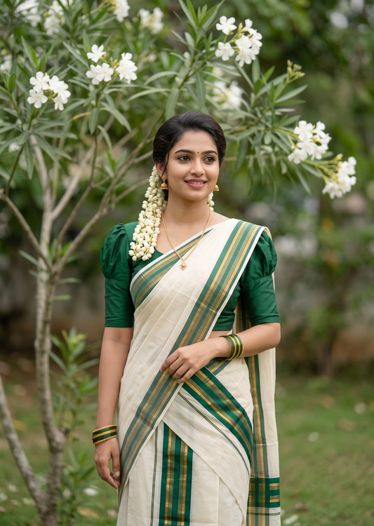 Kerala Cotton Set Mundu (Mundum Neriyathum) with Kasavu and Light Green Border in 2.80 Mtrs SLKK SL470
