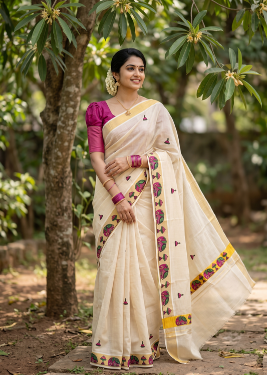 Southloom Tissue Kerala Kasavu Saree with Elephant Embroidery Design SL627