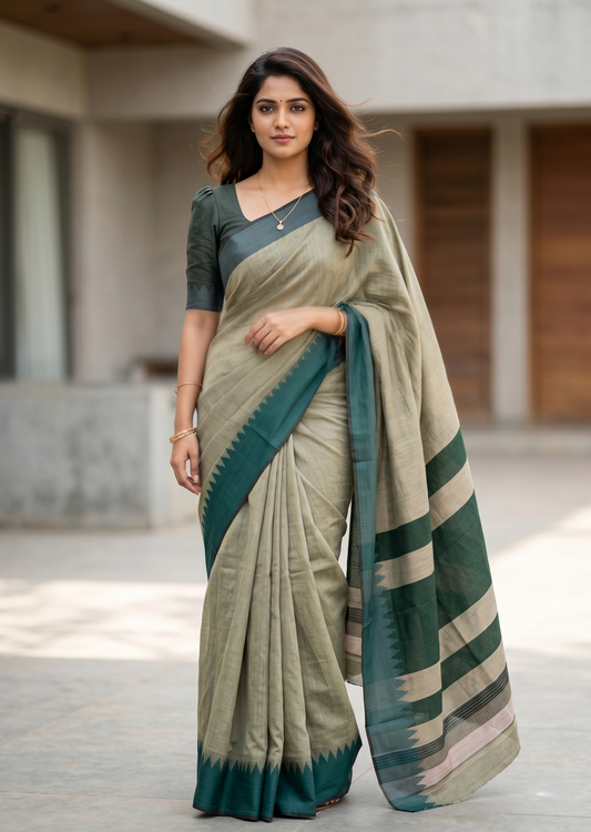 Southloom Kerala Linen Cotton Saree With Temple Design on the Border of the Saree