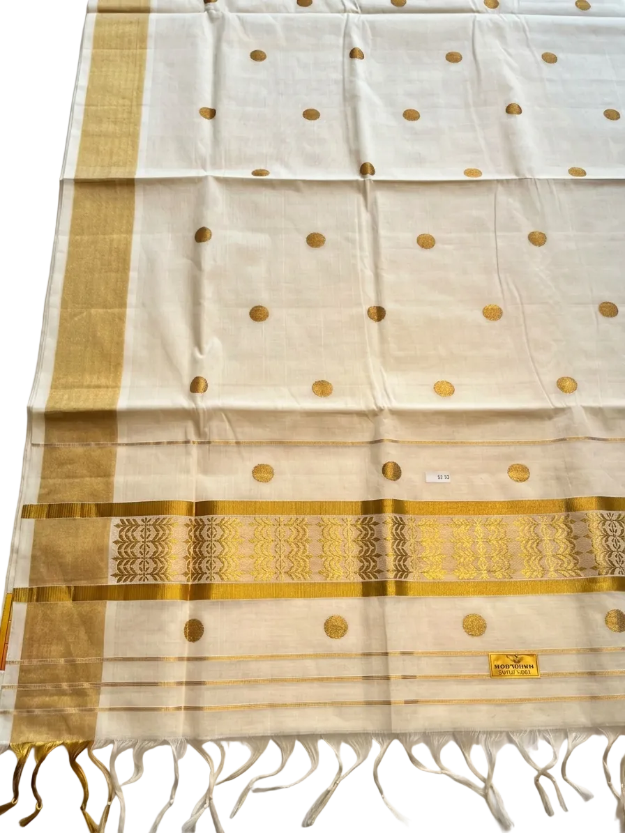 Southloom Kerala Cotton Handloom Balaramapuram Saree With Gold Polka Dot Design On Body SL635