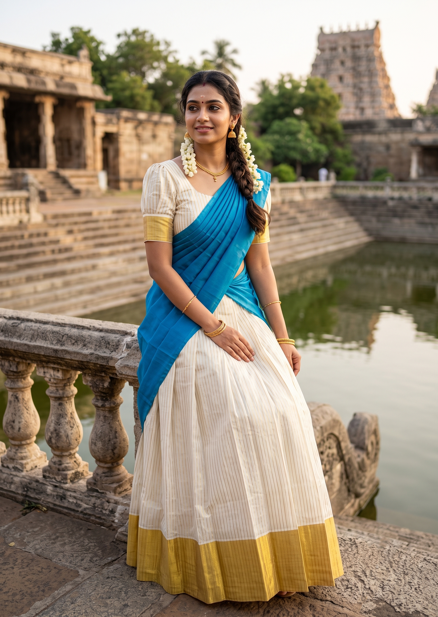 Southloom Semi UnStitched Cotton Stripes Dhavani Set with Pavada and Blouse Piece