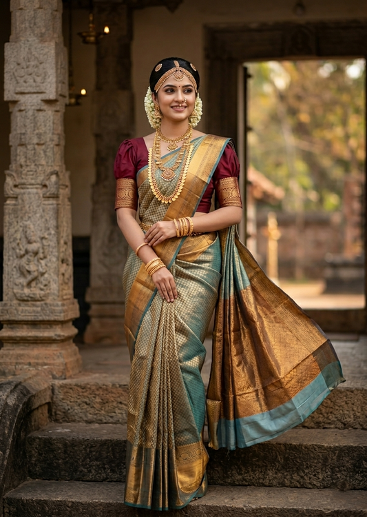 Southloom Brocade Silk Bridal Saree WIth Woven Borders And Blouse Piece in Blue And Pink