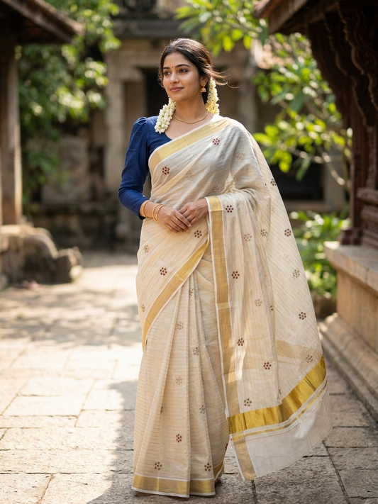 Southloom Kerala Tissue Kasavu Lines Saree with Blue Floral Embroidery Design on Body