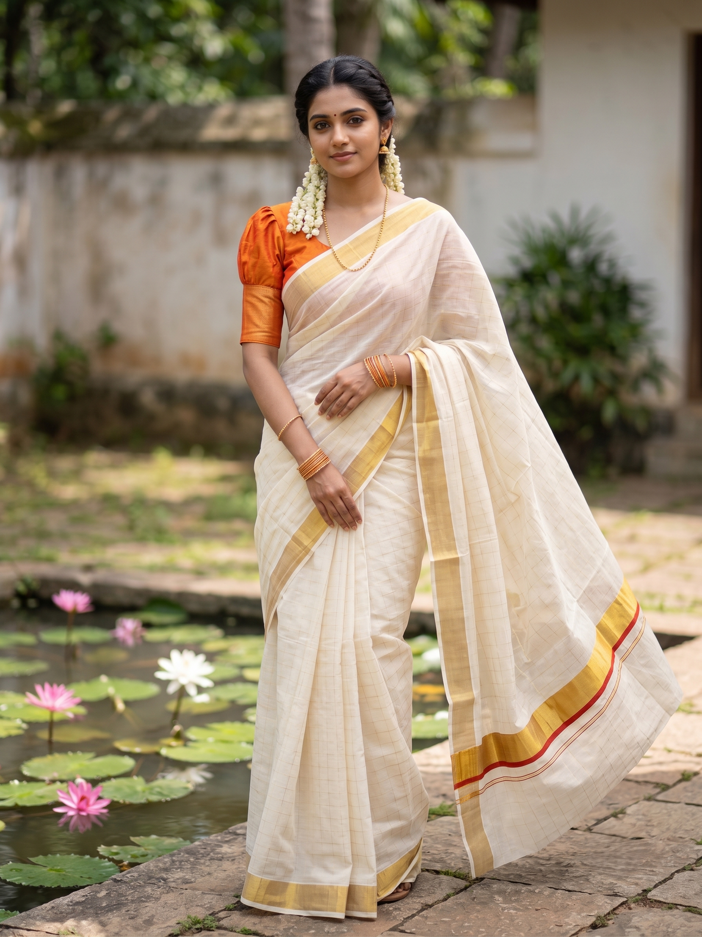 Southloom Pure Cotton  Kerala  Kasavu Woven Check Saree with Orange Border