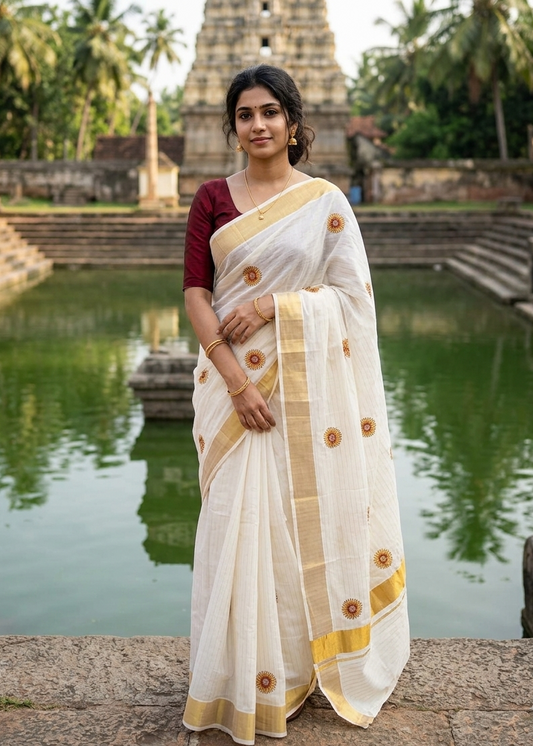 Southloom Cotton Kerala Kasavu Lines Saree With Embroidery Work On Body SL314