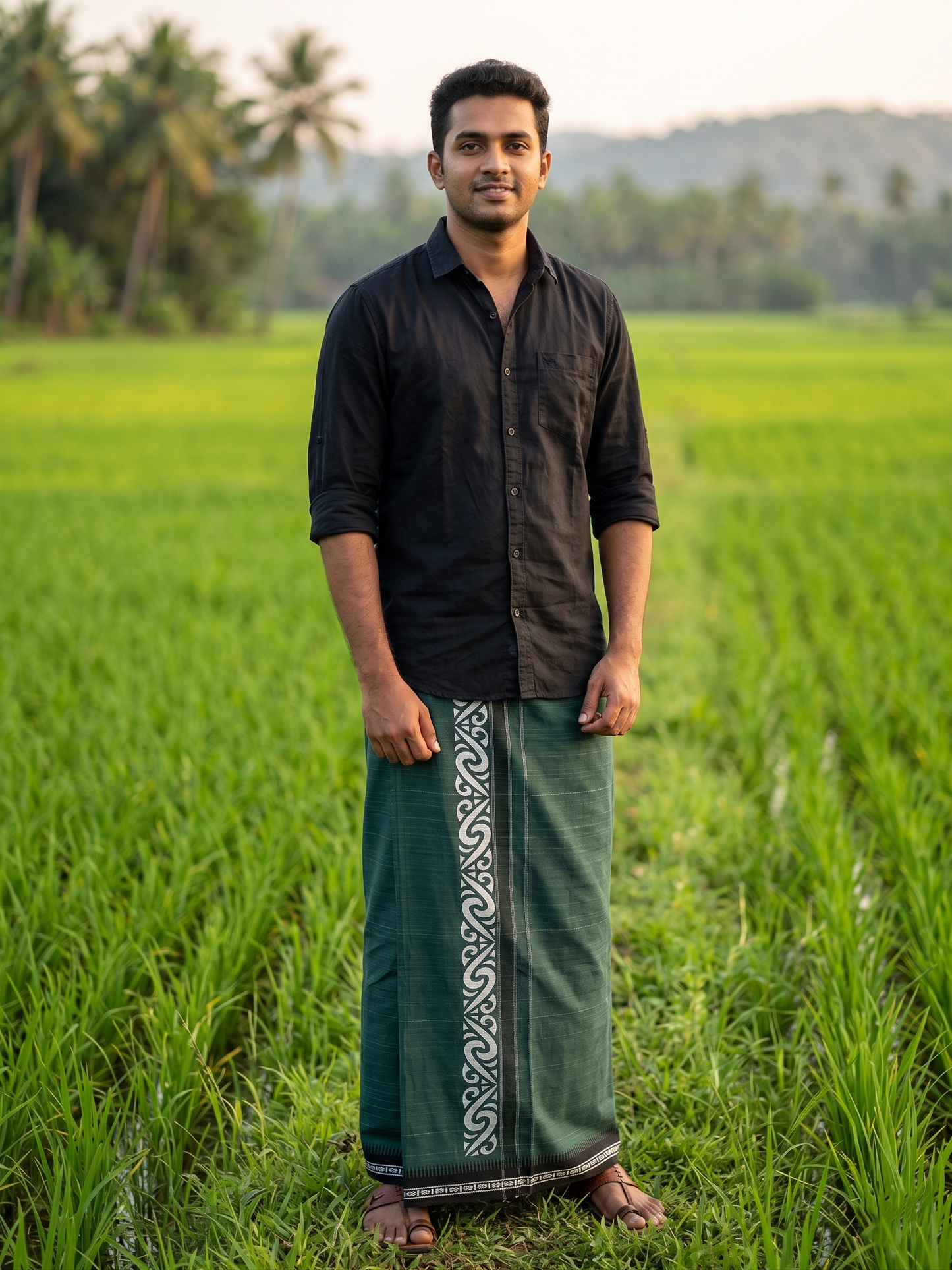 Southloom Green Printed Single Mundu / Otta Mundu / Lungi (South Indian Kerala Dhoti)