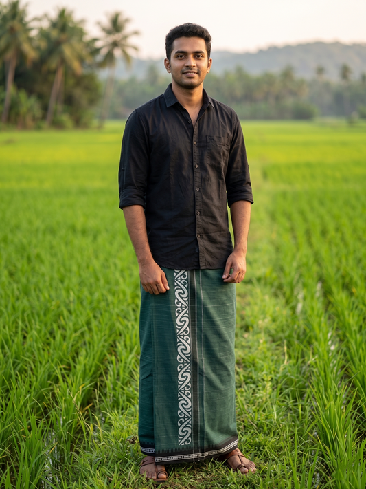 Southloom Green Printed Single Mundu / Otta Mundu / Lungi (South Indian Kerala Dhoti)