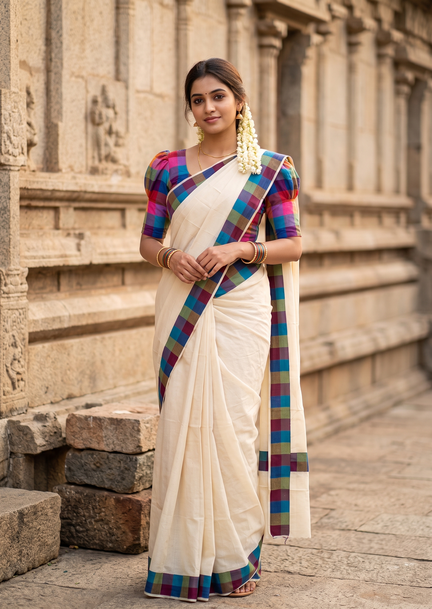 Southloom Kerala Pure Cotton Saree in Madras Check Design with Blouse Piece SL556