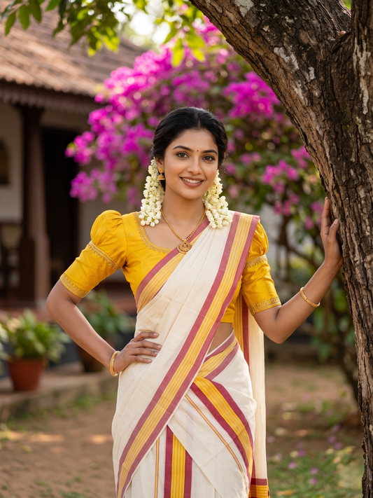 Southloom Kerala Mulloth Cotton Single Mundum Neriyathum with Multicolor Border In 2.80 Mtrs SL243