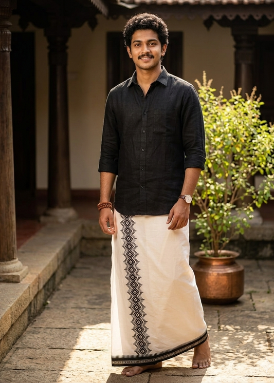 Pure White Single Dhoti With Black Colour Print SL319