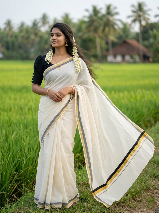 Kerala Pure Cotton Plain Saree with Kasavu Black 2 inch Border and Pallu