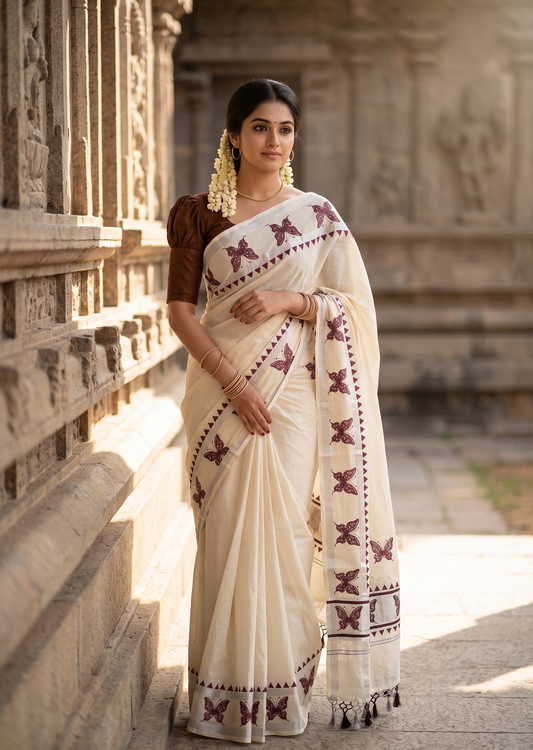 Southloom Cotton Kerala Kasavu Saree with Digital Print on Body in Brown SL519