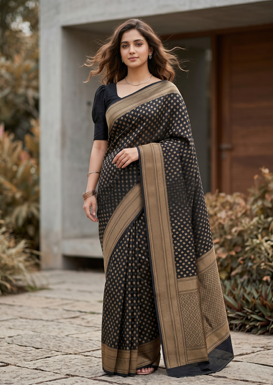 Southloom Munga Silk Saree with Woven Work on Body and Borders (Black)