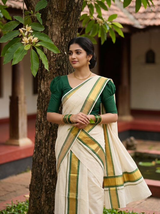 Southloom Pure Cotton Kerala Set Mundu (Mundum Neriyathum) Single with Green and Kasavu Border 2.80 Mtrs SLKK