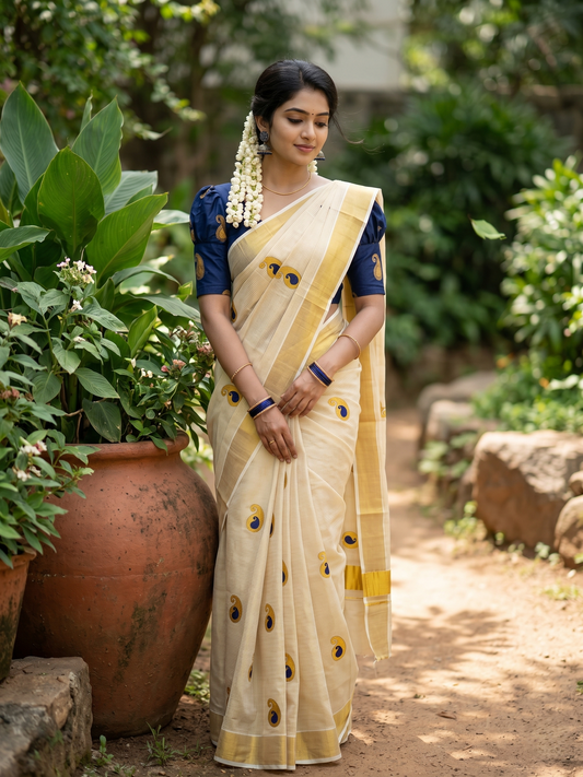 Southloom Kerala Tissue Kasavu Saree with Blue Embroidery Design