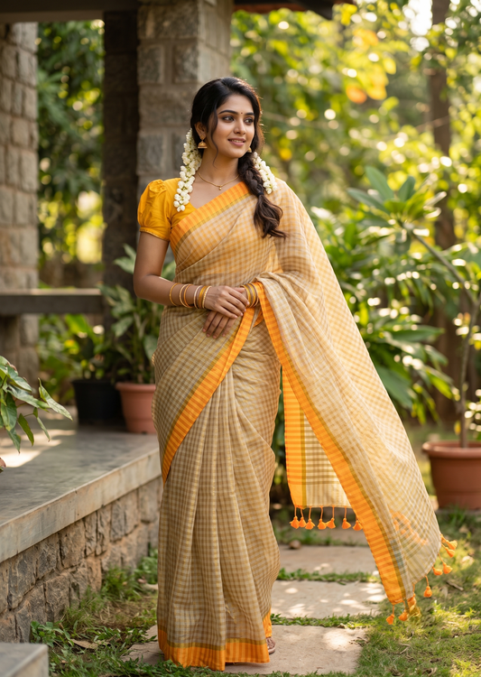 Southloom Mul Cotton 120 x 120 Soft Fabric Saree with Golden Check Design on Body &Yelow Border SL215