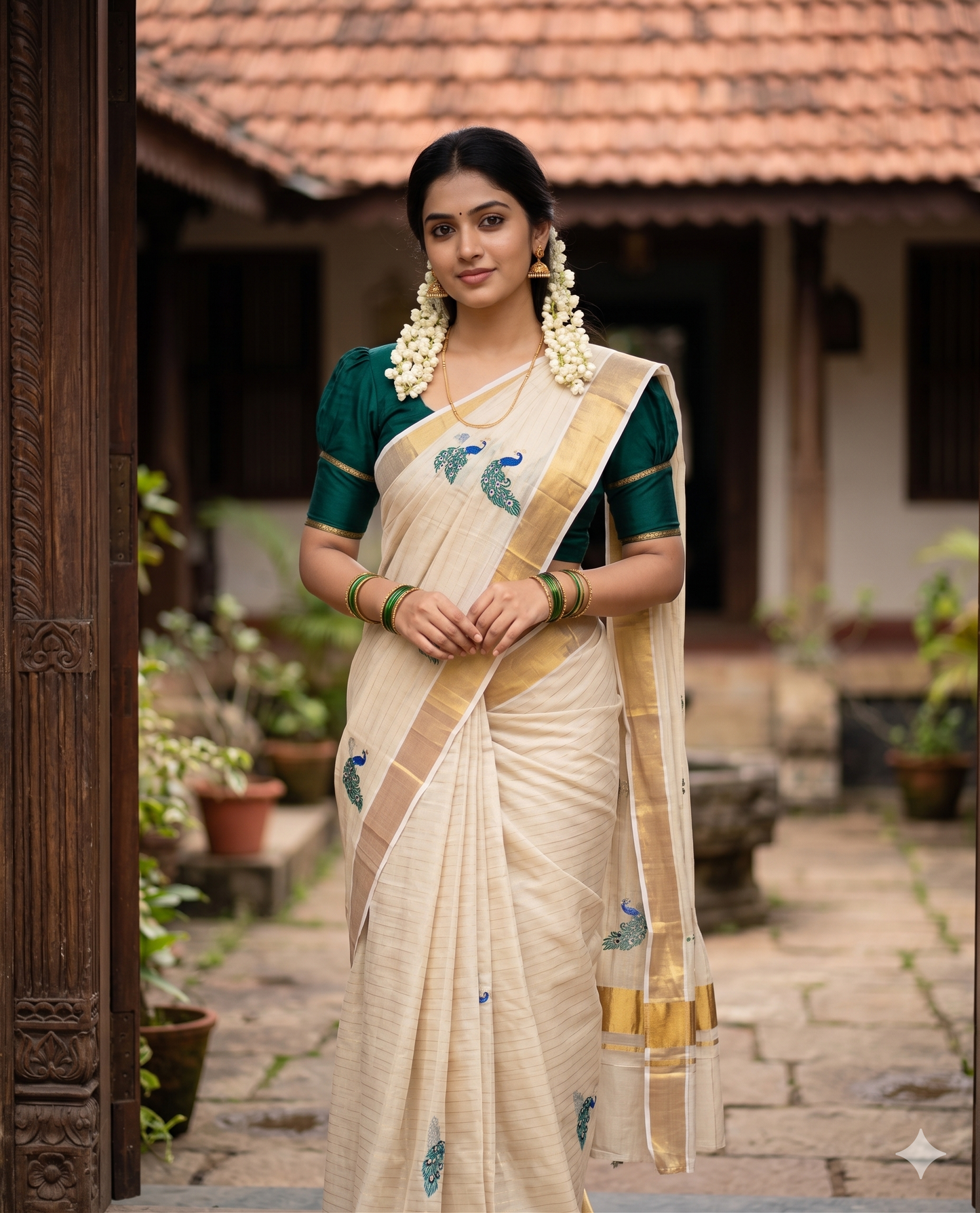 Southloom Kerala Tissue Kasavu Saree with Peacock Embroidery Works SL326