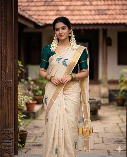 Southloom Kerala Tissue Kasavu Saree with Peacock Embroidery Works SL326