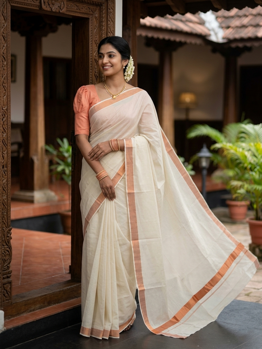 Southloom Pure Cotton Kerala Saree with Copper Kasavu Border in 2 inch