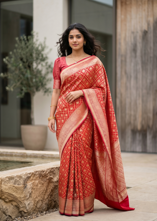 Southloom Pure Banarasi Silk Saree with Woven Work on Body and Borders (Red & Magenta)