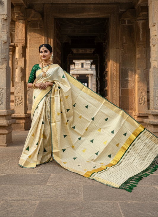 Kerala Tissue Kasavu Stripes Saree with Green and Gold Temple Embroidery Design on Body