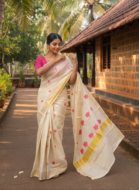 Southloom Tissue Kerala Kasavu Saree with Lotus Embroidery Design SL289